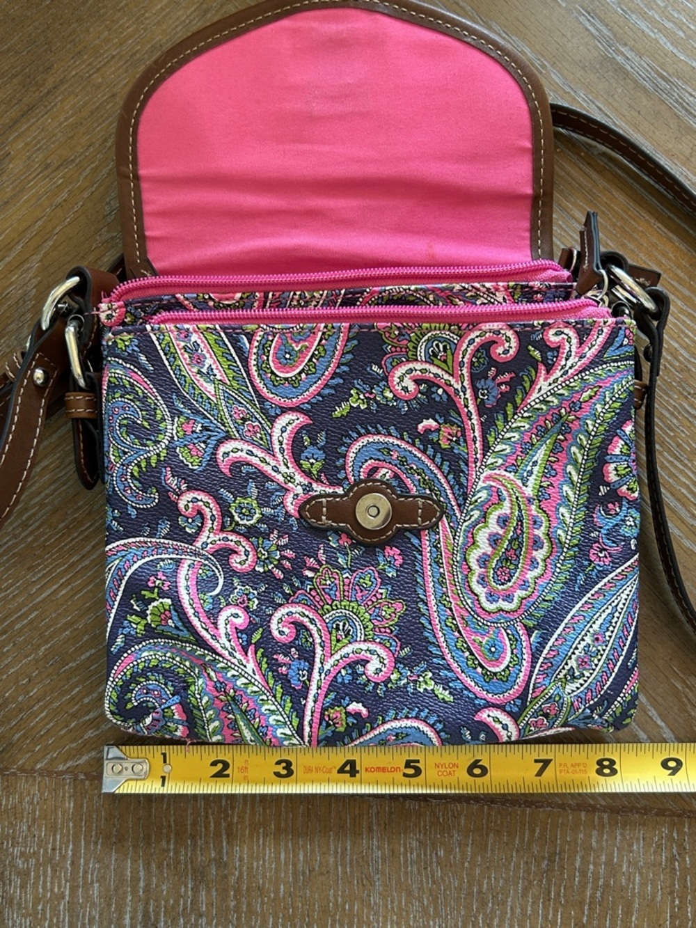 Chaps Brown Strap Paisley Crossbody with Pink, Blue & Green Accents - Picture 8 of 9